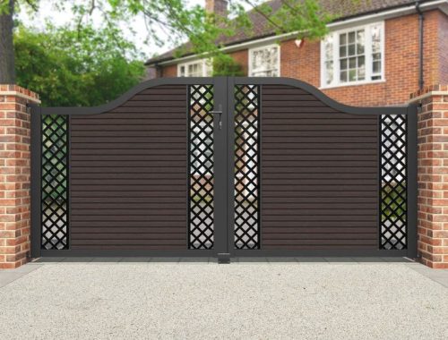 Hudson Hive Curved Top Driveway Gate – Mid Brown – Middle & End Screen _ Black _ No Automation Hudson Hive Curved Top Driveway Gate - Mid Brown - Middle & End Screen _ Black _ No Automation